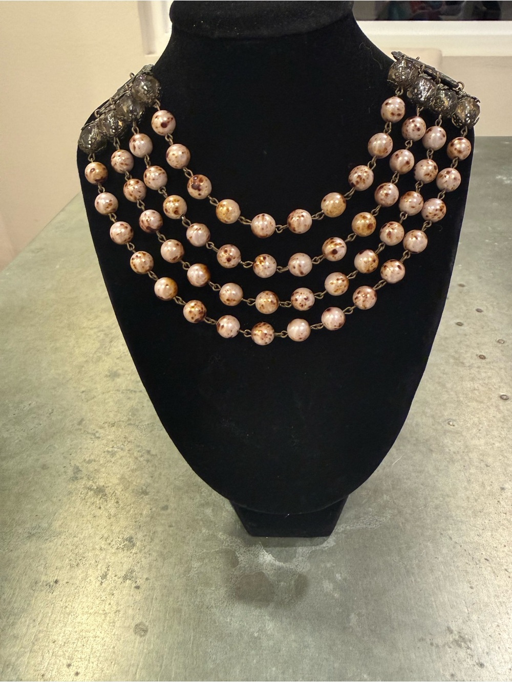 Multi-Strand Speckled Pearl Statement Necklace - Pink and Gold
